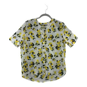 Dalia Womens M White Yellow Hi Low Lemons Popover Top Blouse Roll Tab Sleeve